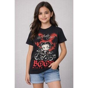Betty Boop Biker Club Los Angeles California  T-Shirt Black Motorcycle Kids  Xs